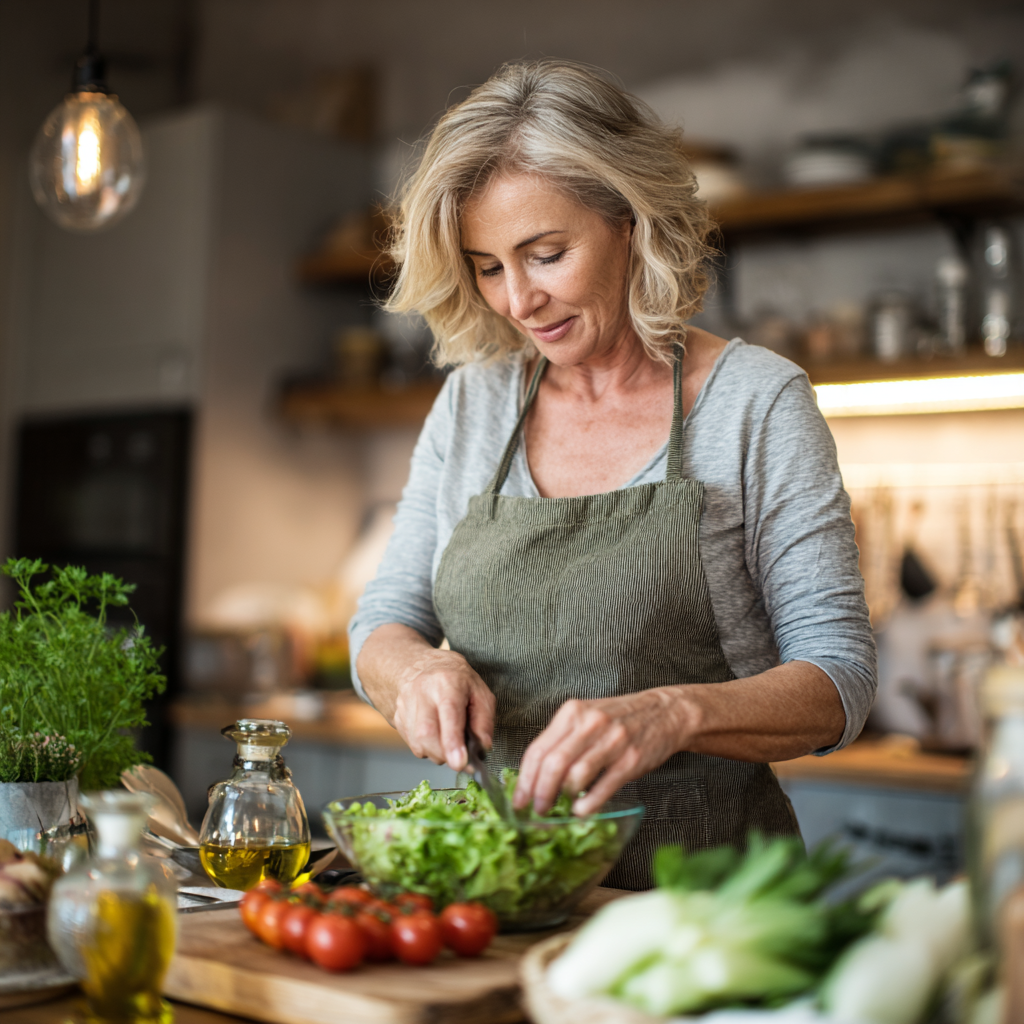 50 years old woman preparing fresh organic salad following weltrumish personalized meal plan