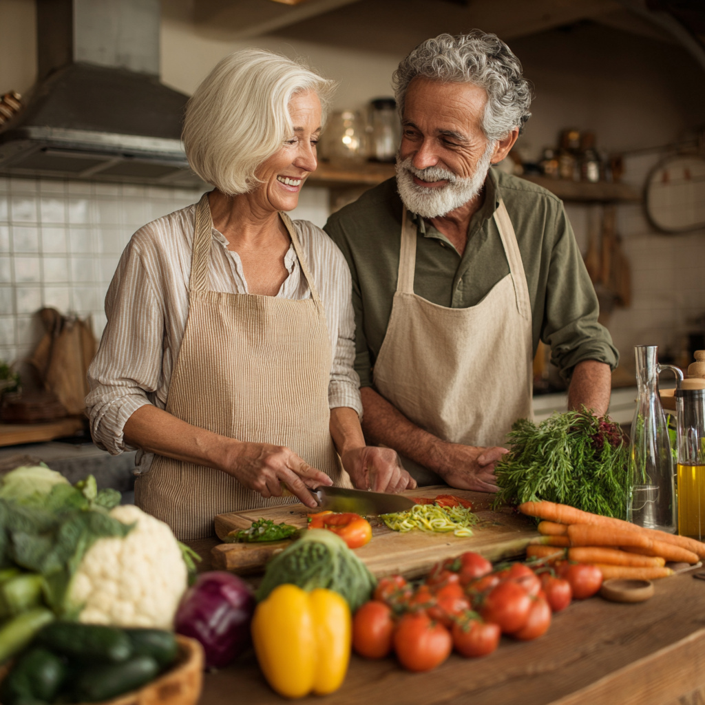 51 years old couple enjoying fresh vegan meal prepared according to weltrumish plant-based nutrition plan