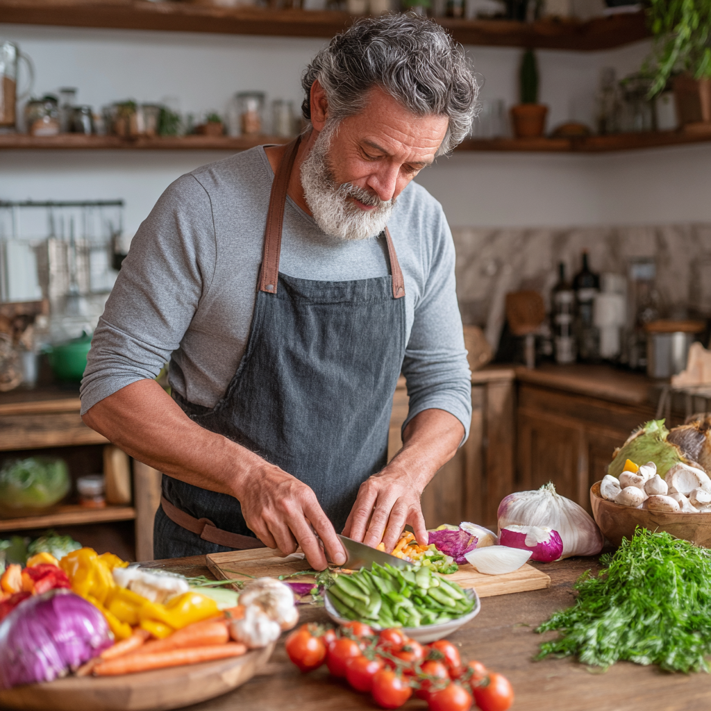 53 years old man preparing healthy meal following weltrumish Mediterranean diet plan